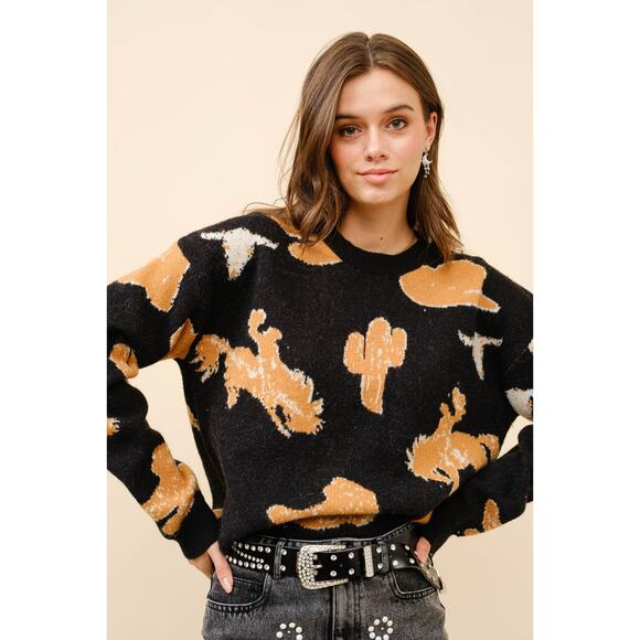 Blue B Womens Sweater Forever Western Cowboy Cactus Rodeo Black Pullover Sz L - Picture 1 of 9